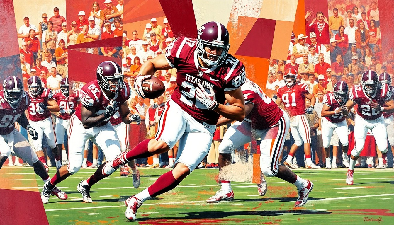 A cubist, fragmented painting showing a Texas A&M football player in the midst of a tackle, with the player's body broken down into sharp, overlapping geometric shapes and planes in maroon and white colors, conveying the intensity and impact of the sport.