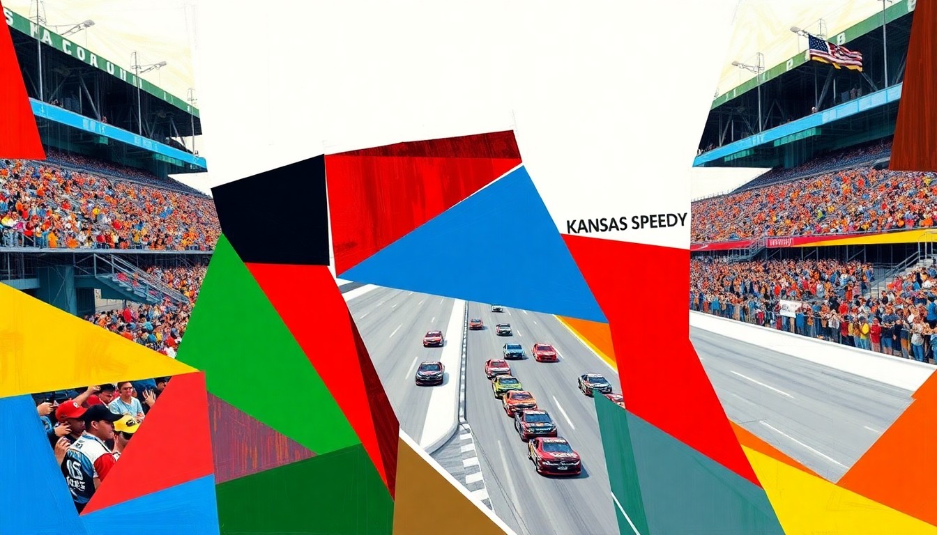 A cubist, geometric painting depicting a NASCAR race at Kansas Speedway, with the cars and track broken down into overlapping planes of vibrant colors.