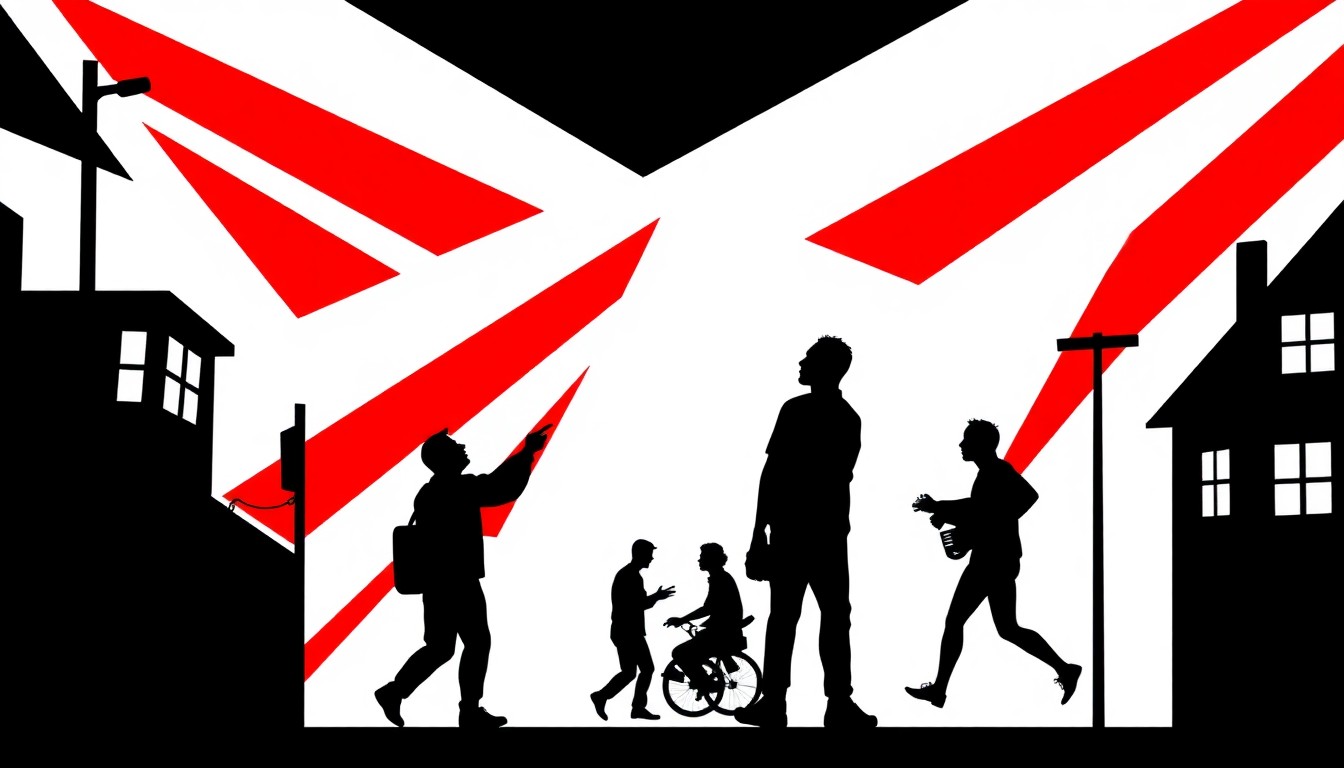 An abstract, minimalist composition using bold, jagged shapes and high-contrast colors to represent the tension between large-scale film productions and the needs of local communities.