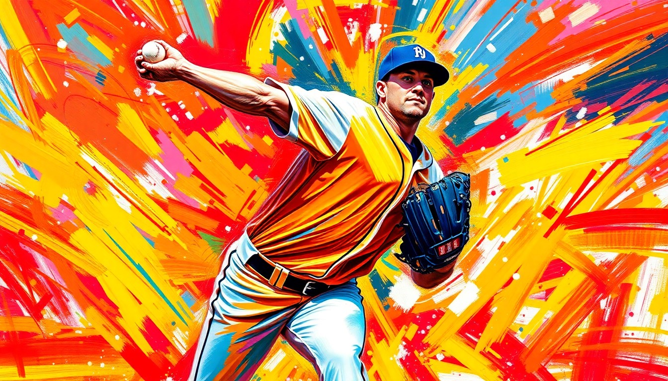 An abstract, expressionist painting featuring bold, neon-colored brushstrokes that capture the dynamic motion and energy of a baseball pitcher on the mound.