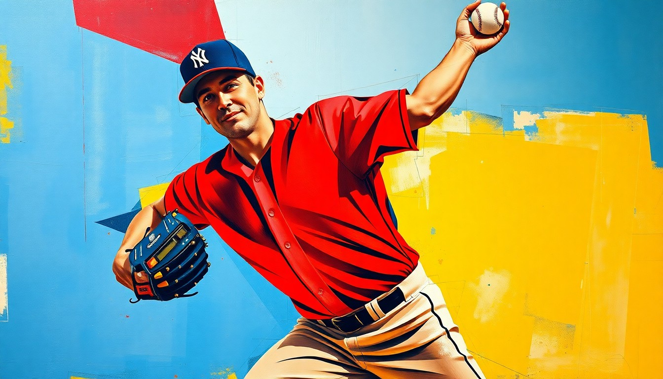 A fragmented, geometric painting depicting a baseball pitcher's throwing motion broken down into sharp, overlapping planes of color, conceptually representing the challenges of injuries in the Red Sox bullpen.