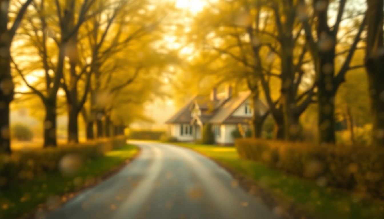 An impressionistic, out-of-focus image of a cozy cottage home surrounded by lush greenery and a winding creek, captured in a warm, dreamlike wash of soft light and color.