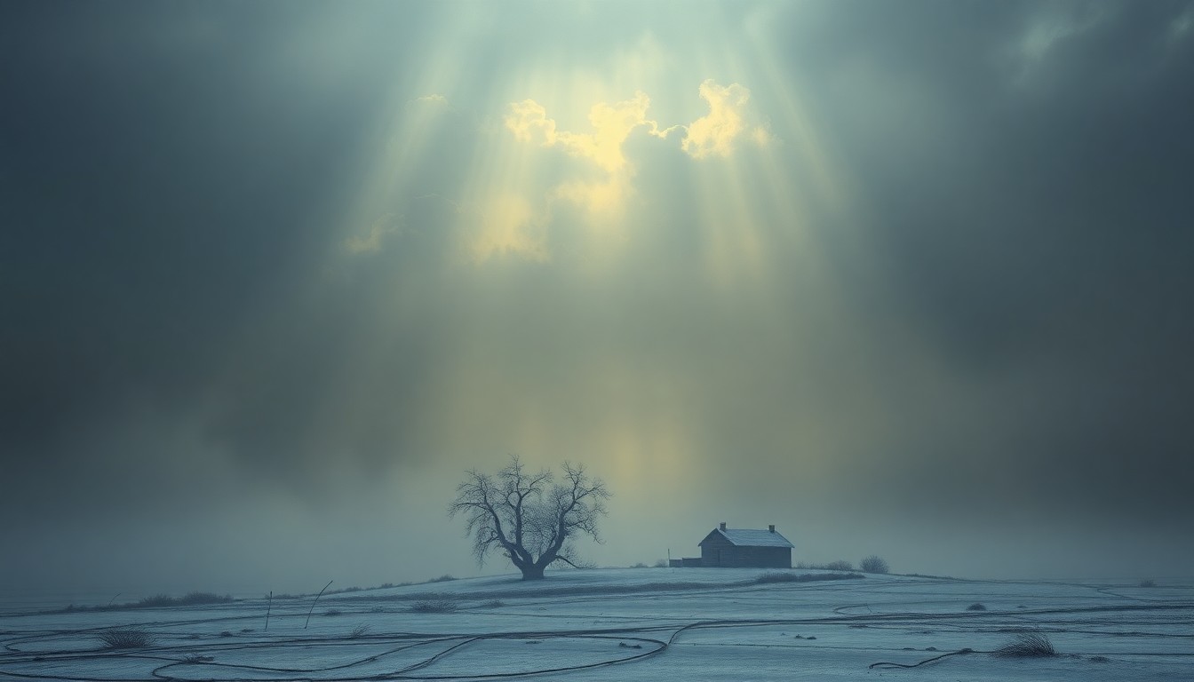 A vast, atmospheric landscape painting in muted tones of gray, blue, and white, with a lone, bare tree or structure barely visible through the heavy fog and mist, conveying the overwhelming power and scale of the impending freeze.