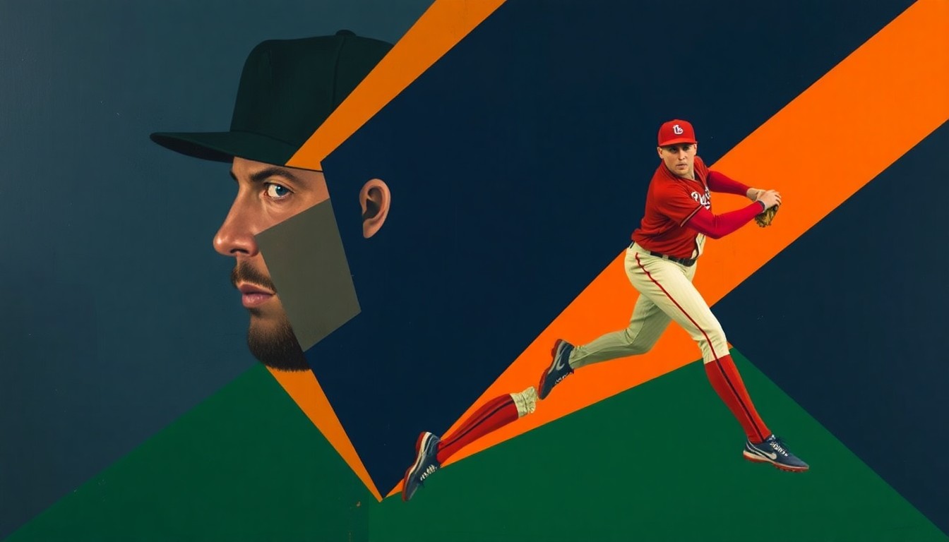 A cubist, geometric painting depicting fragmented baseball action, with overlapping planes of navy, green, and orange hues representing the challenges Gerrit Cole faced in his minor league rehab start.