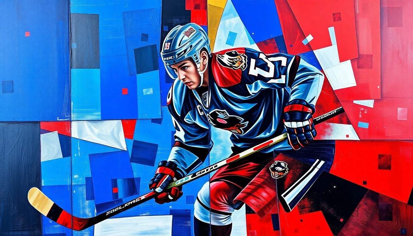 A fractured, geometric painting depicting a hockey player in motion, with sharp planes of color and form capturing the energy and physicality of the sport.