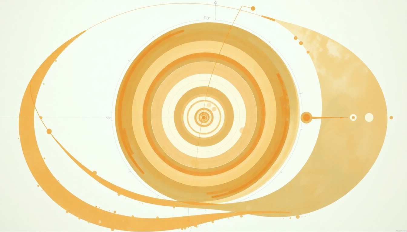 A highly structured abstract painting in muted earth tones, featuring sweeping geometric arcs, concentric circles, and precise botanical spirals, conceptually representing the complex reproductive biology and evolutionary strategies of the mammal ancestor Lystrosaurus.