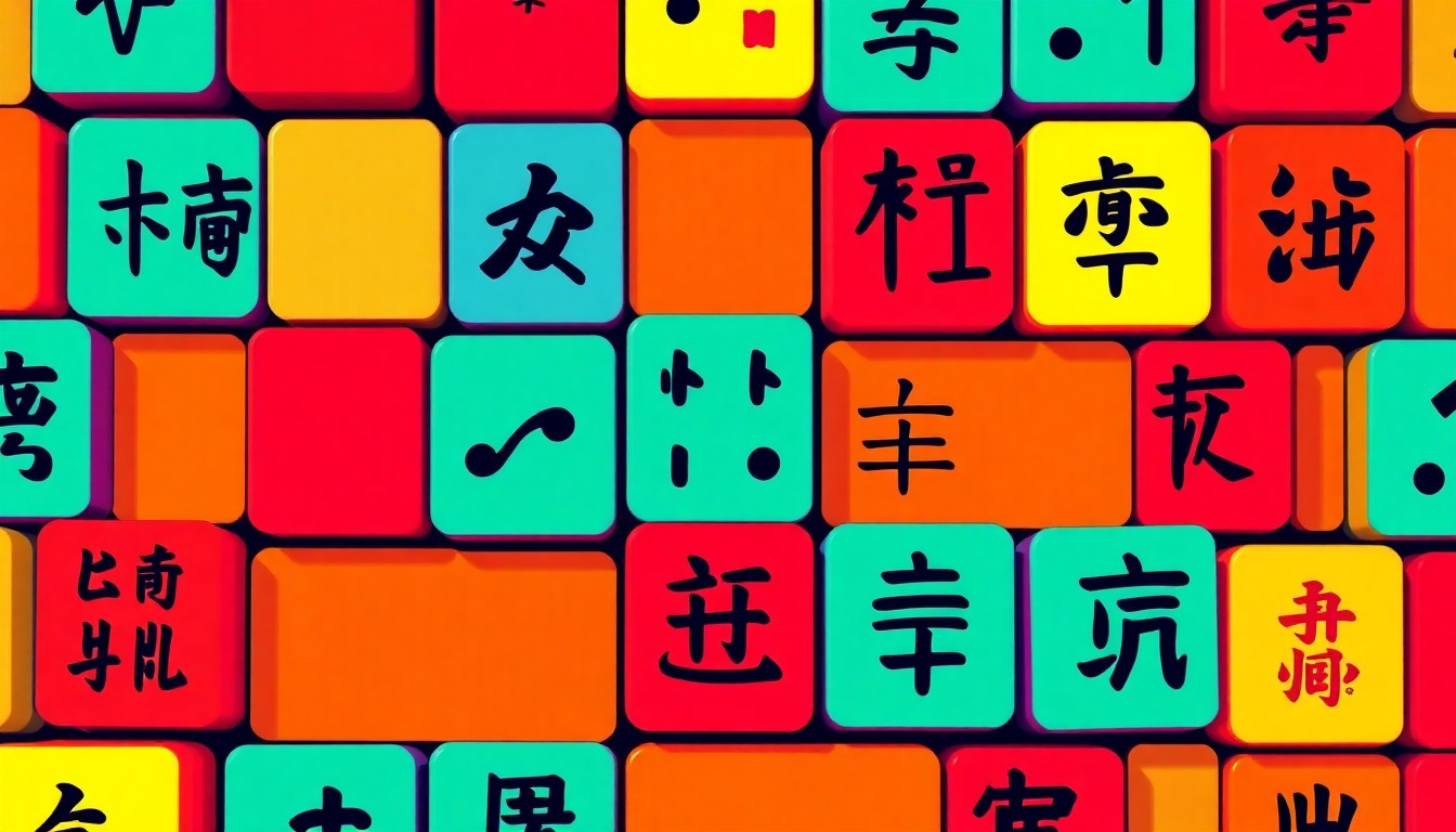 A bold, graphic illustration of a repeating pattern of Mah Jongg tiles in vibrant neon colors, capturing the lively and social nature of this classic game.