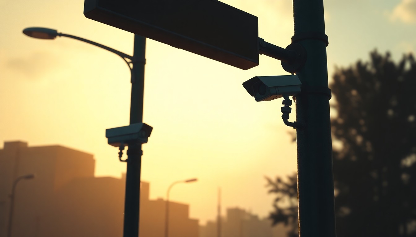 A photorealistic painting of a lone traffic camera mounted on a city street light pole, the camera's red light glowing softly in the warm, angled sunlight that casts deep shadows across the asphalt. The scene has a quiet, contemplative mood, capturing the urban landscape in a cinematic style.