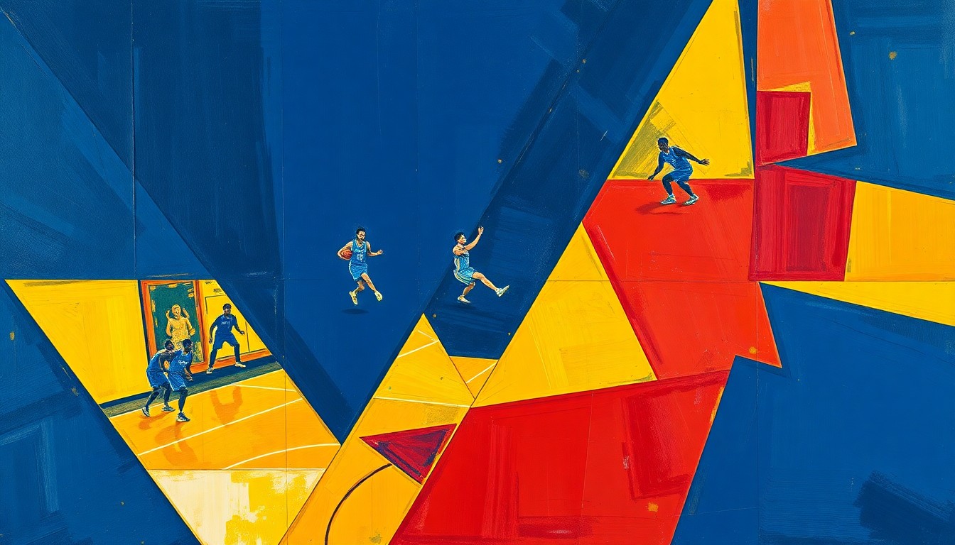 A cubist, geometric painting depicting a fragmented basketball court and players, conveying the turbulence and uncertainty surrounding the Warriors' future.