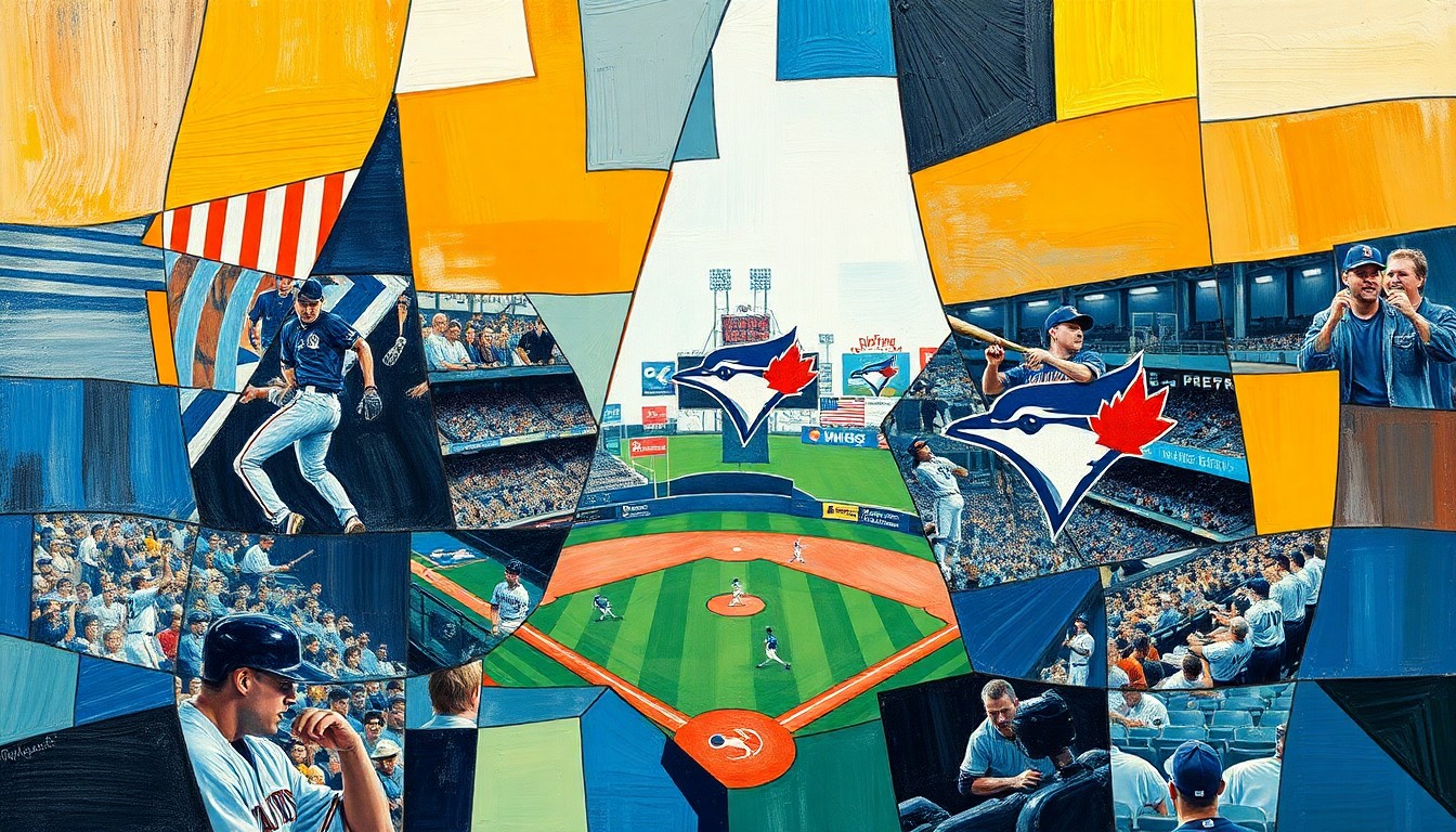 A fragmented, geometric painting depicting a baseball game or match, with overlapping planes of color and shape representing the action on the field without any identifiable players or teams.