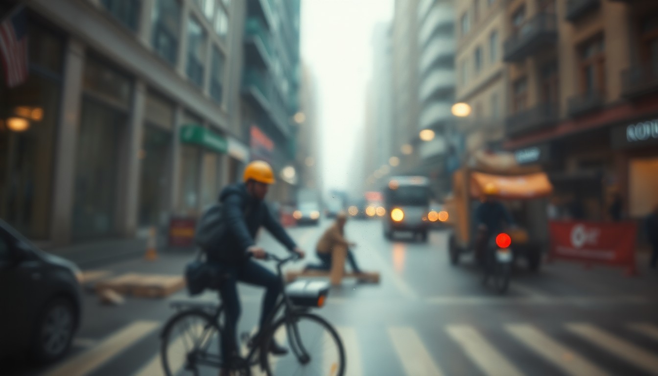 An abstract, impressionistic photograph showing the blurred outlines of bicycles and construction equipment on a city street, conveying the disruption and transition of the bike lane rerouting.