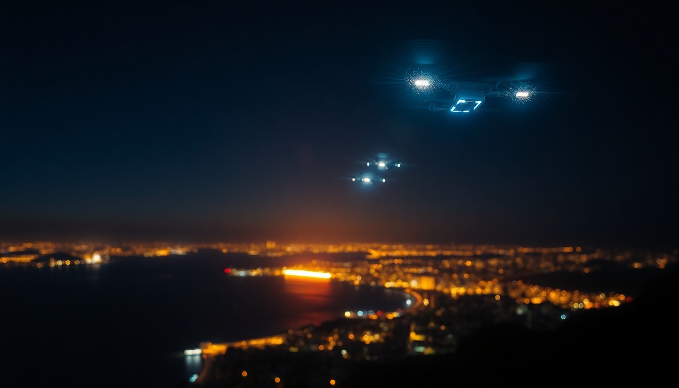 An abstract, high-contrast close-up photograph of glittering drone lights in the night sky, creating a sense of futuristic, high-tech spectacle.