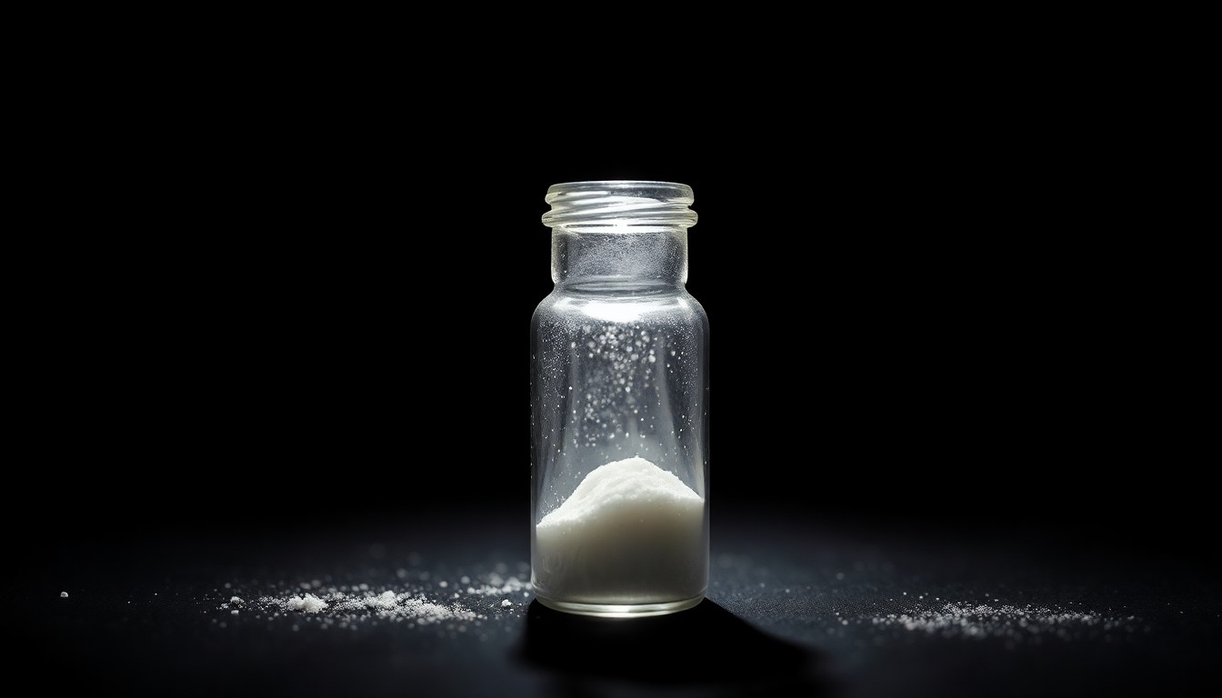 An extreme close-up photograph of a small glass vial filled with white powder, lit by a harsh, direct camera flash against a pitch-black background, conceptually representing the investigation into the online sale of dangerous substances.