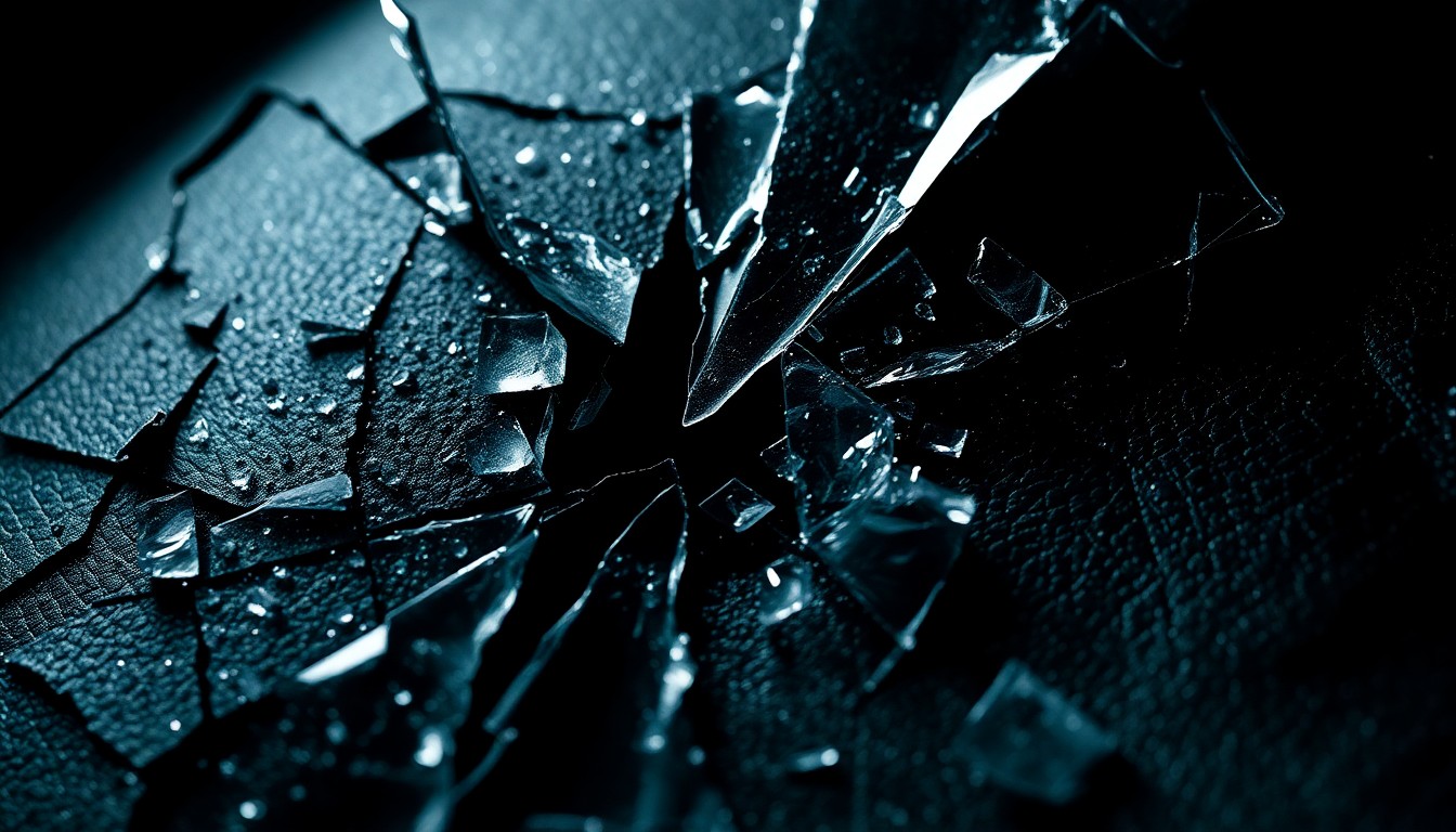 An extreme close-up photograph of shattered glass and cracked leather textures, shot in dramatic studio lighting to create a gritty, high-fashion aesthetic that evokes the dark, dangerous world of the horror film 'Him'.
