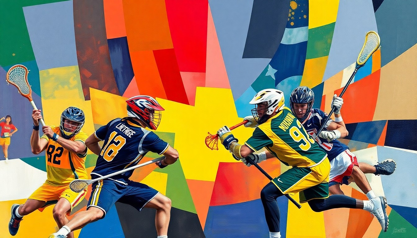 A cubist-style painting depicting a lacrosse game, with players' figures broken down into overlapping geometric shapes in the team's colors, conveying the dynamic action and energy of the match.