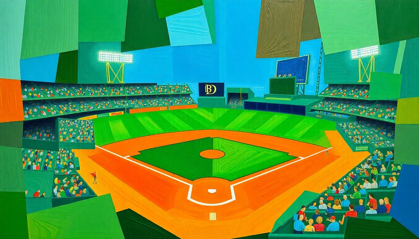 A fractured, cubist-style painting depicting a baseball game, with sharp geometric planes of color representing the players and field of play. The composition is dynamic and energetic, capturing the tension and strategy of the extra-inning showdown.