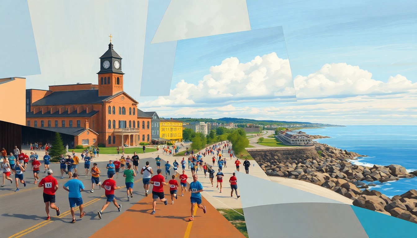 A fractured, multi-perspective painting depicting runners, the Fitger's complex, and the shores of Lake Superior, all broken down into sharp, overlapping geometric planes and vibrant colors.