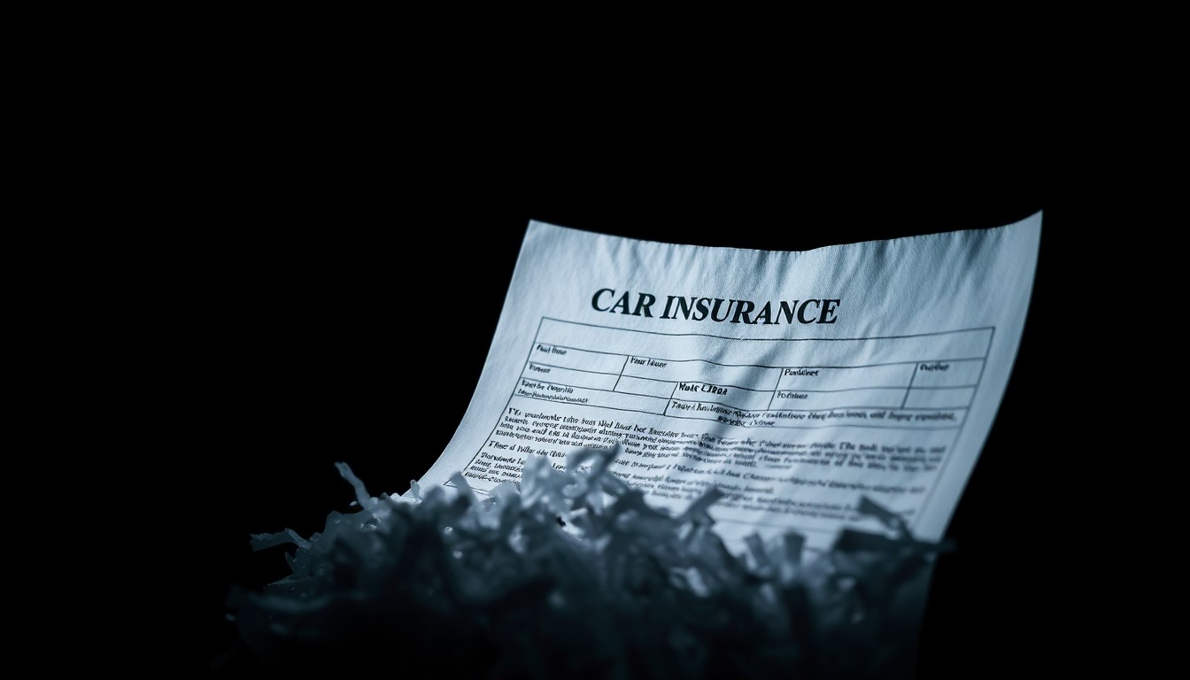 An extreme close-up of a shredded car insurance document, the harsh flash illuminating the torn edges and crumpled texture to convey the gritty, investigative nature of this insurance fraud case.