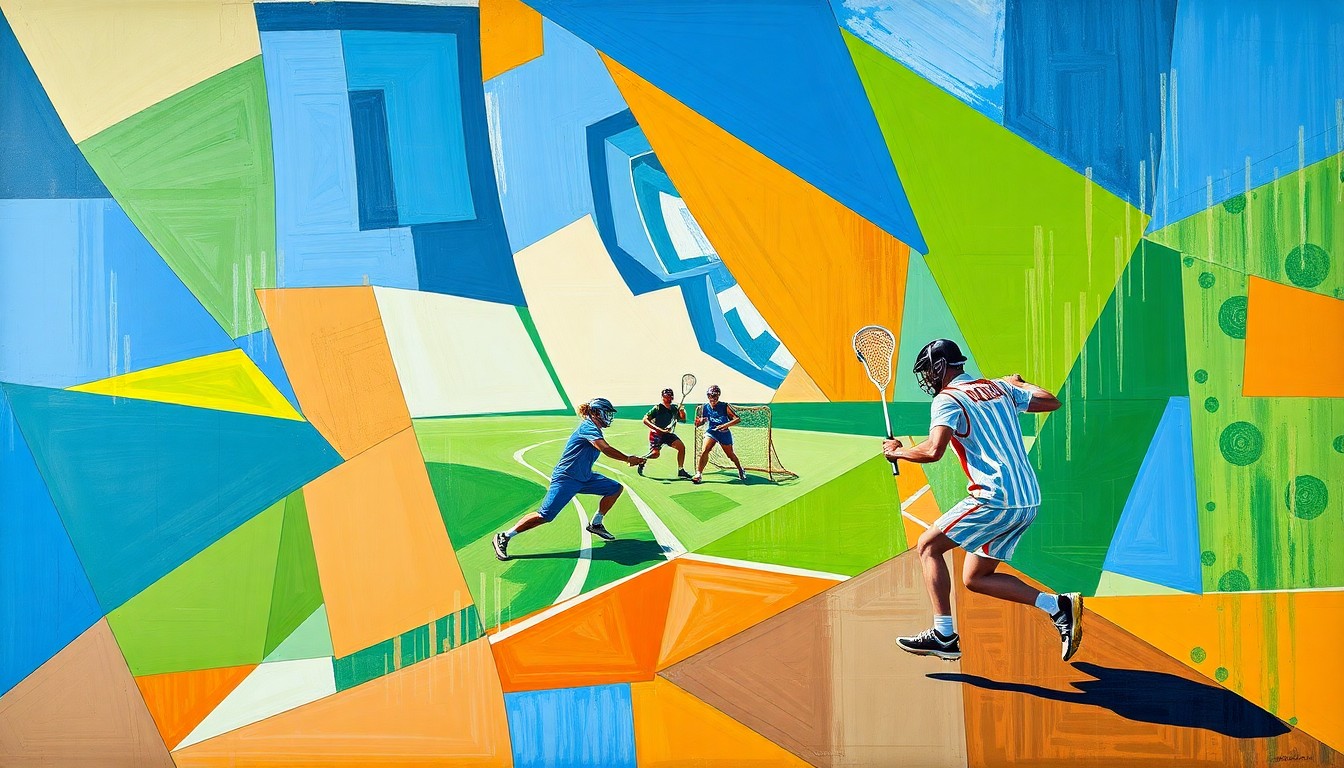 A fragmented, geometric painting in bold colors depicting the chaotic action of a lacrosse game, with players and the ball broken down into sharp, overlapping shapes.