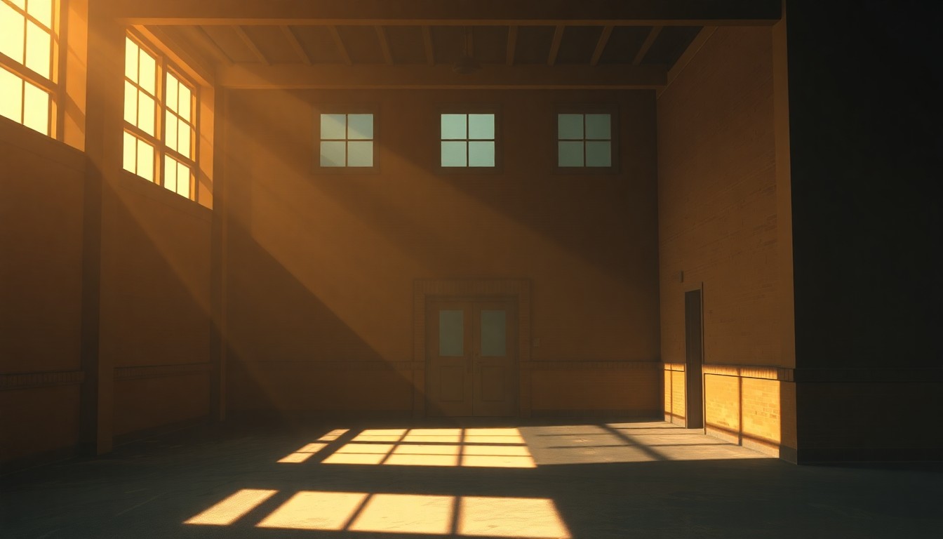A dimly lit, cinematic painting of an aging community center or library building in Norfolk, with warm sunlight streaming through the windows and deep shadows across the facade, conveying a sense of quiet melancholy and urban decay.