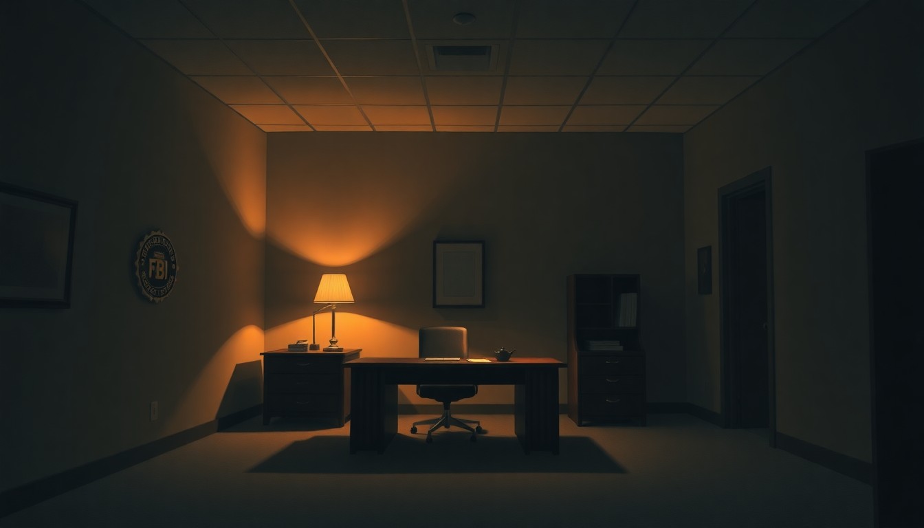 A quiet, cinematic painting of an empty FBI field office at night, with a lone desk lamp casting warm, diagonal shadows across the room, conceptually illustrating the unsettling reports about the bureau's leadership.