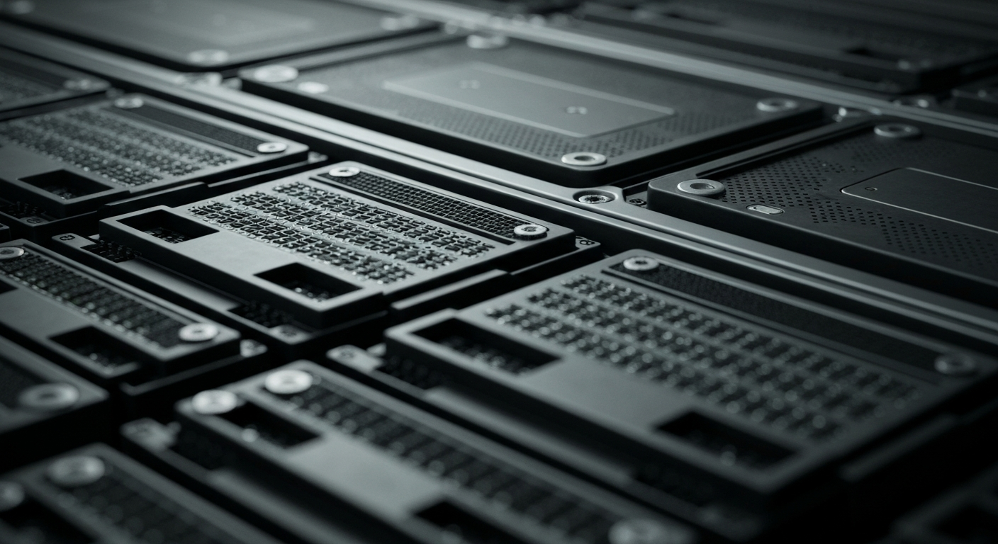 A highly detailed, macro-level view of server hardware components in shades of grey and black, conveying the complex, industrial nature of the technology industry's financial and regulatory infrastructure.