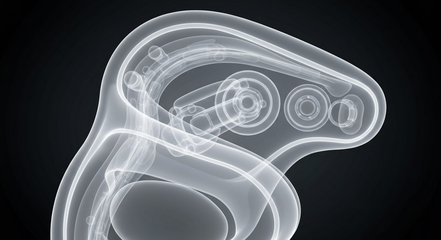 A ghostly, translucent X-ray photograph revealing the internal structure of a neck and shoulder massager device, with glowing lines defining the key components in a clinical, analytical style.