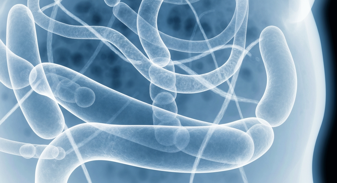 An extreme close-up macro X-ray photograph showing the ghostly, glowing internal structures of the human gut, with strands of gut bacteria and fibers visible against a dark background.