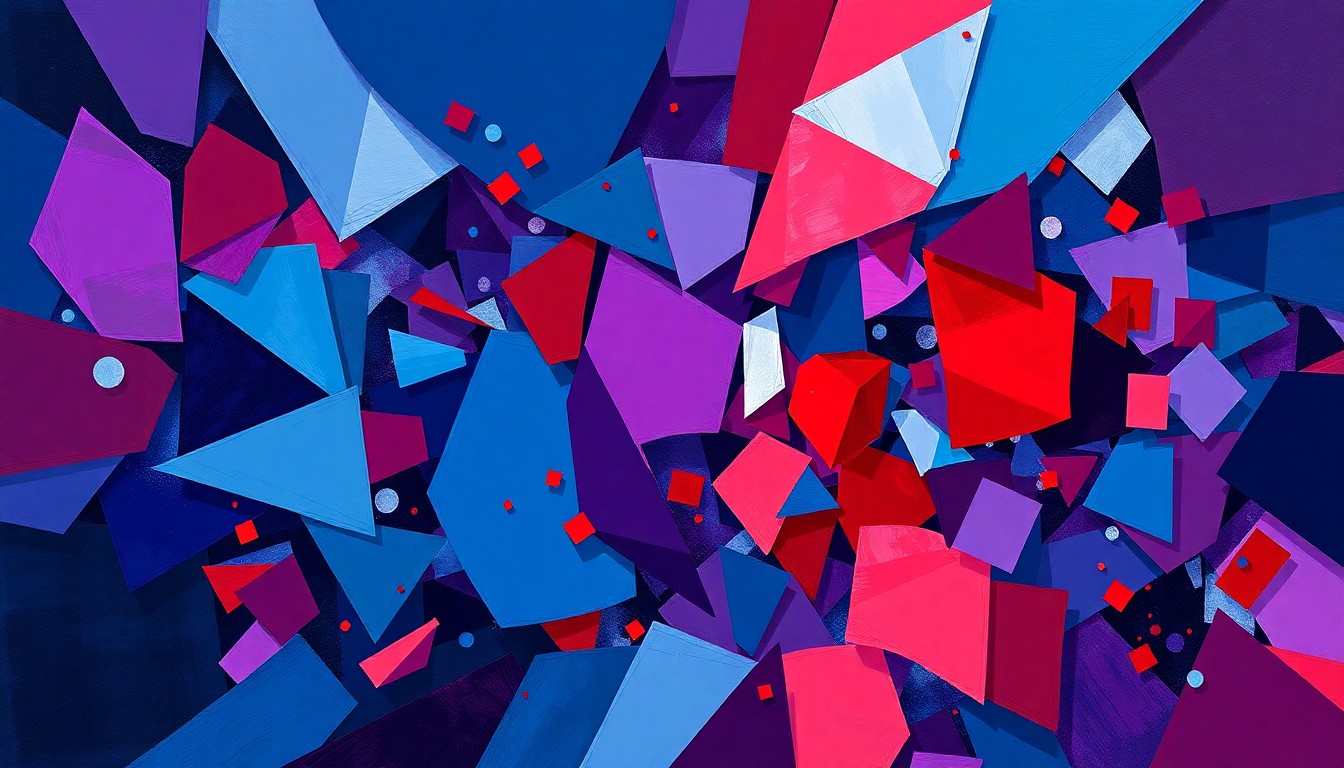 An abstract, dynamic painting featuring overlapping, fractured geometric shapes in shades of deep blue, purple, and red, conveying the rapid and chaotic nature of the opioid crisis.