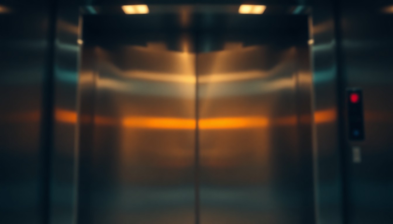 An abstract, impressionistic image of an elevator door opening and closing, with soft, blurred pools of warm light and color reflecting off the metal surface, conveying a sense of uncertainty and disruption.