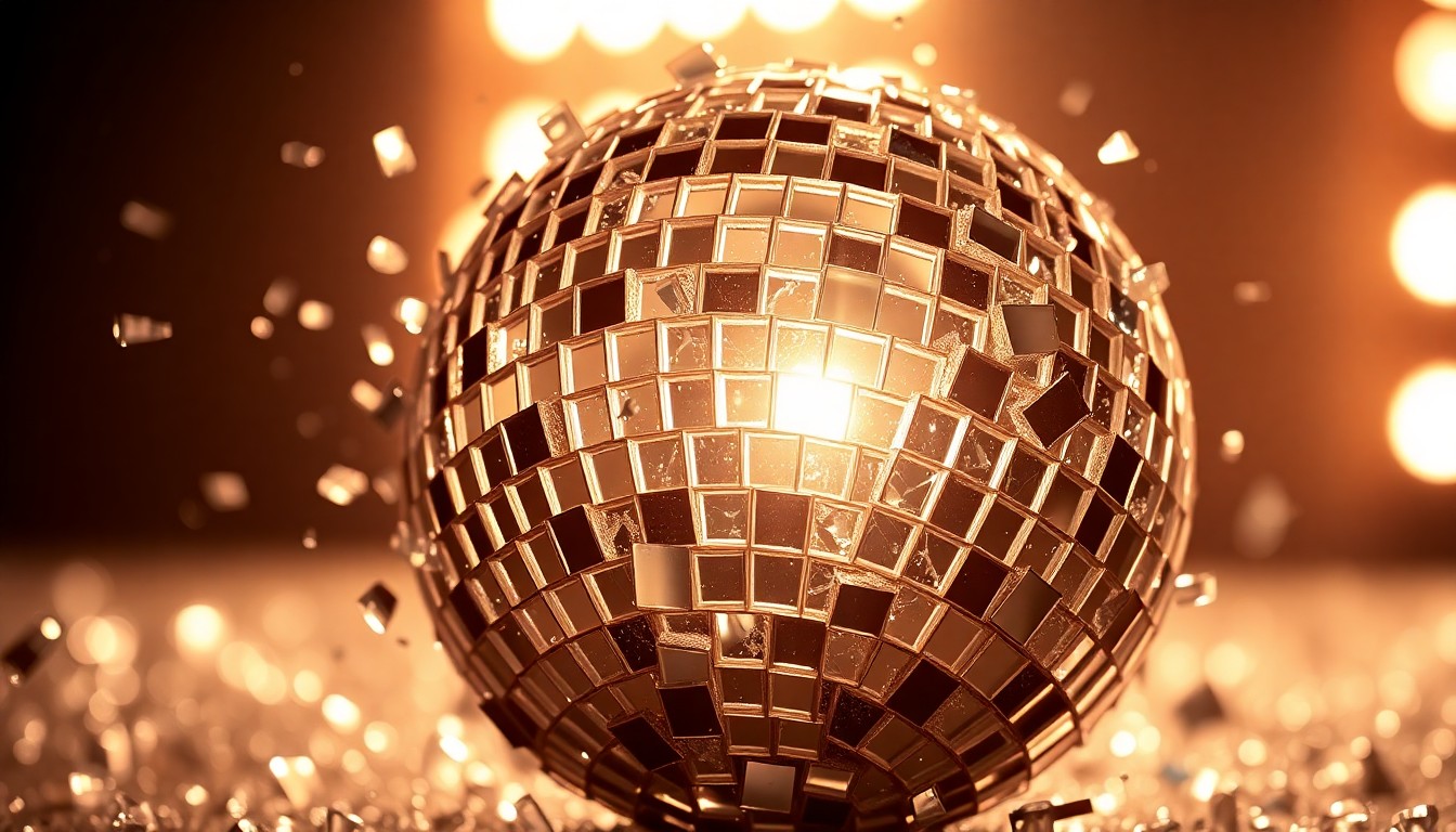 An extreme close-up of shattered, sparkling glass fragments under dramatic studio lighting, conceptually representing the glamour and nostalgia of Coachella's celebrity-filled performances.