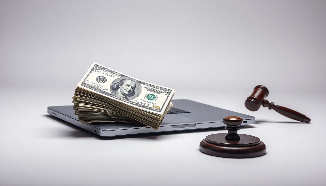 A minimalist studio still life featuring a stack of dollar bills, a laptop, and a gavel, symbolizing the financial and regulatory forces shaping the digital media landscape.