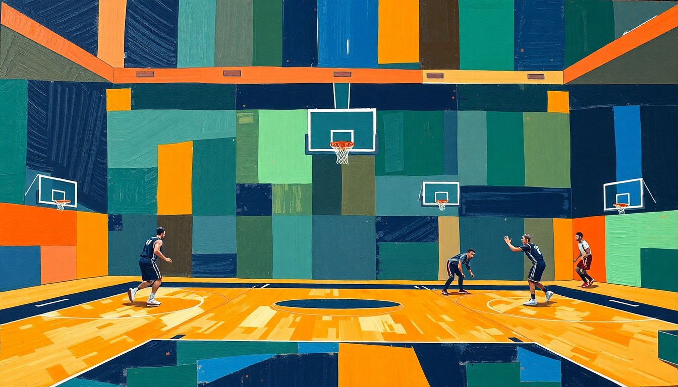 A fractured, geometric painting depicting the basketball court, players, and referee signals in sharp, overlapping planes of navy blue, forest green, and bright orange, conveying the tension and controversy of the disputed foul call.