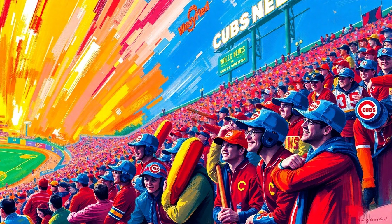 An extreme close-up of a group of brightly colored, expressionistic hot dog figures, capturing the vibrant energy and playful spirit of Cubs fans at Wrigley Field.