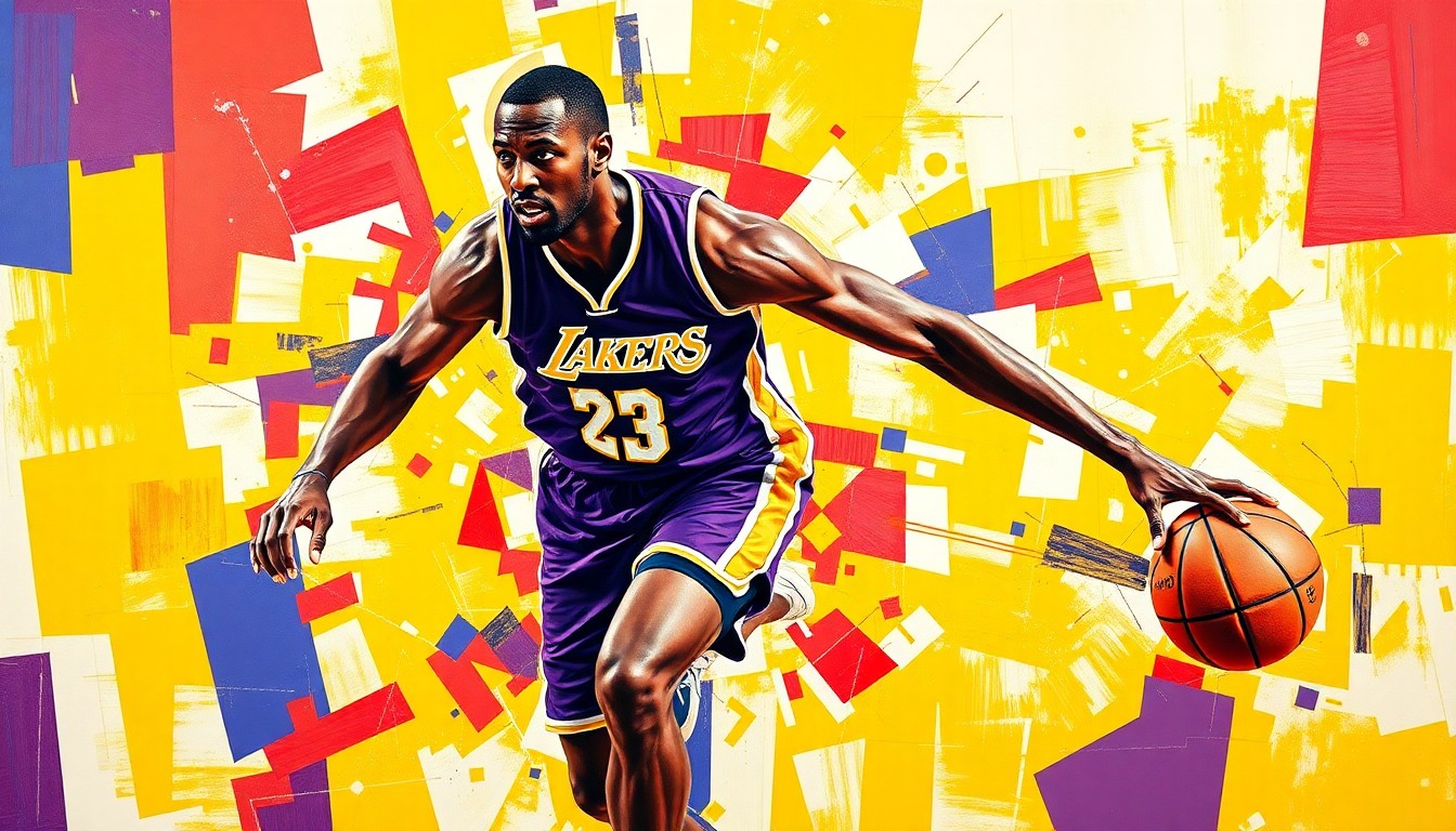 A cubist-style painting depicting a basketball player in motion, broken down into sharp, overlapping geometric shapes in the Lakers' purple and gold colors, conveying the disruption caused by Reaves' injury.