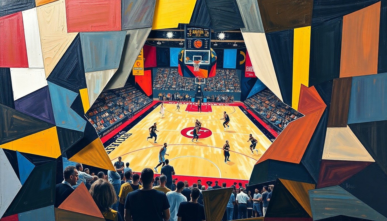 A cubist, geometric painting depicting the action of a basketball game, with overlapping planes of color and shape representing the players and movement on the court.