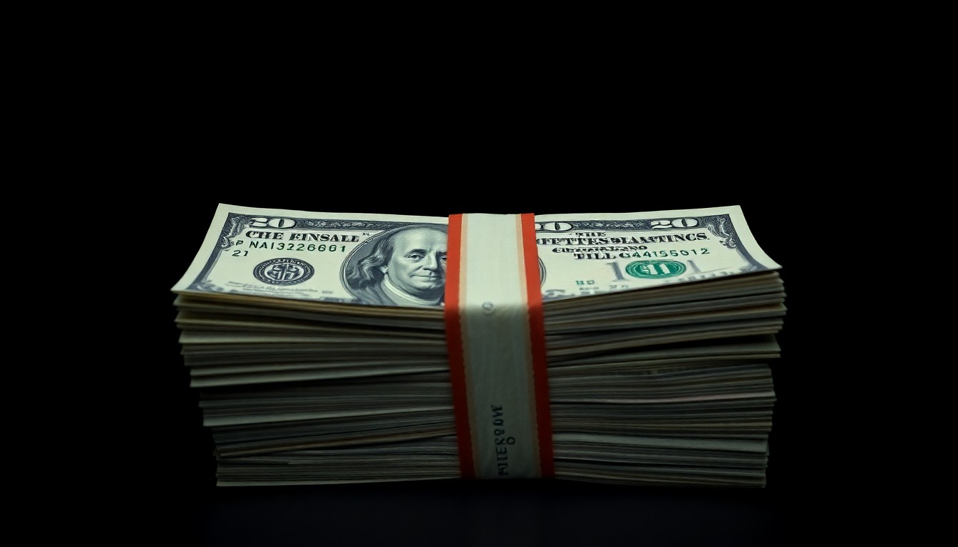 An extreme close-up photograph of a stack of counterfeit $20 bills, the texture and details of the bills sharply illuminated by a harsh, direct camera flash against a pitch-black background, conceptually illustrating the gritty investigation into this fraudulent activity.