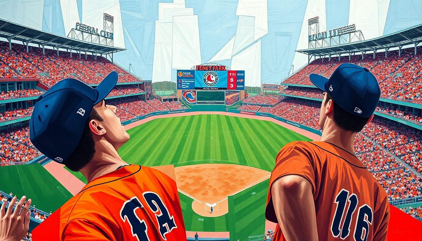 A fractured, geometric painting in vibrant colors depicting a baseball player's debut at Fenway Park, with sharp overlapping planes representing the energy and excitement of the moment.