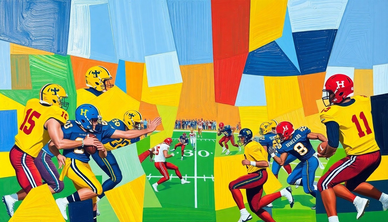 A fragmented, geometric painting in bold primary colors, capturing the dynamic movement and competition of a college football game through an abstract, deconstructed style.