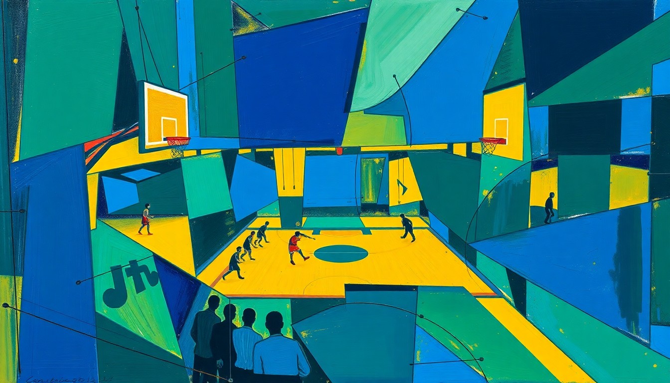 A fractured, cubist-style painting depicting the silhouettes of basketball players in motion, with sharp geometric shapes and planes in shades of blue, green, and yellow, conveying the emotional uncertainty and fragmented nature of the Warriors' season-ending loss.