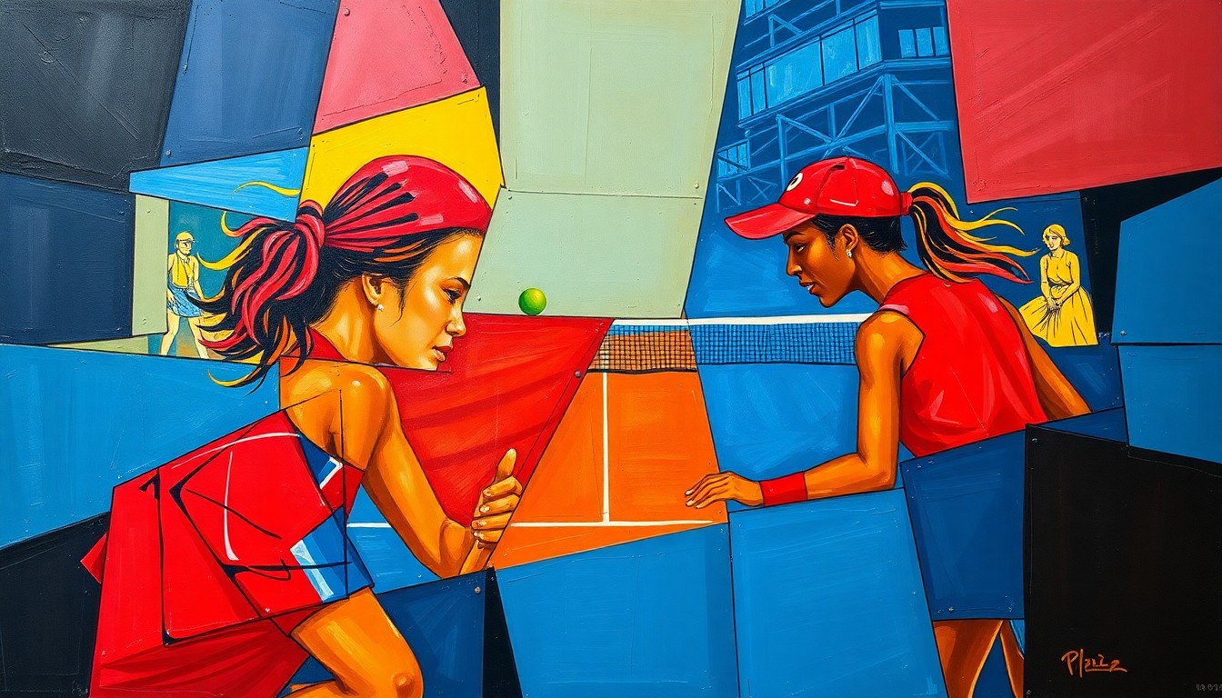 A fragmented, geometric painting depicting a women's college tennis match, with sharp planes of navy, red, and yellow colors representing the dynamic movements and competitive energy of the players.