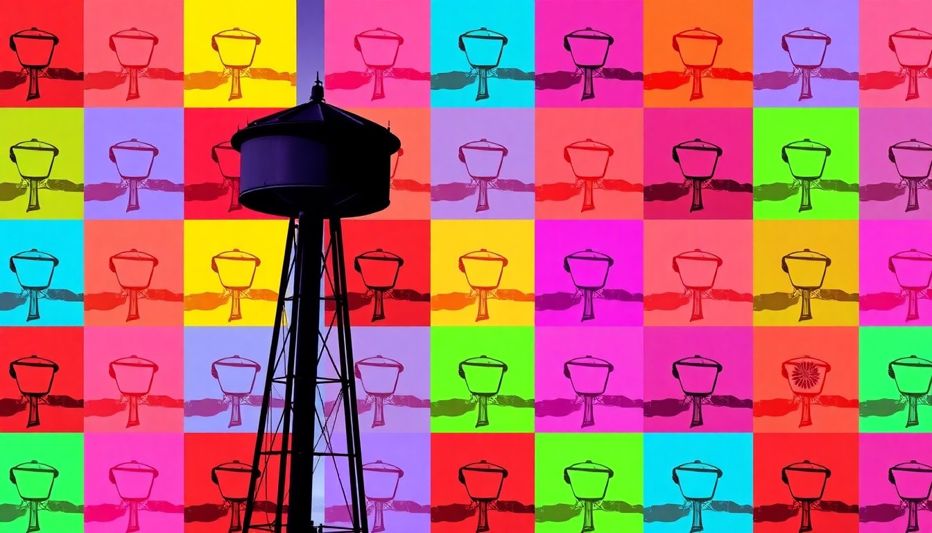 A highly stylized, abstract grid of a single iconic California City landmark or object, rendered in a bold, neon color palette and heavy black outlines to capture the town's quirky desert character.