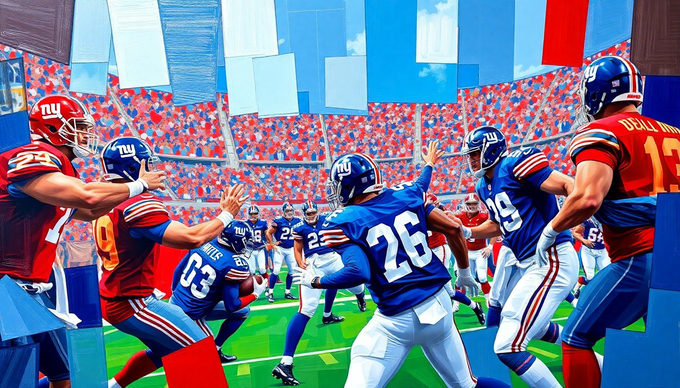 A fractured, geometric painting in bold blue and red hues representing the Giants' football team and the overlapping challenges they face in the offseason and upcoming draft.