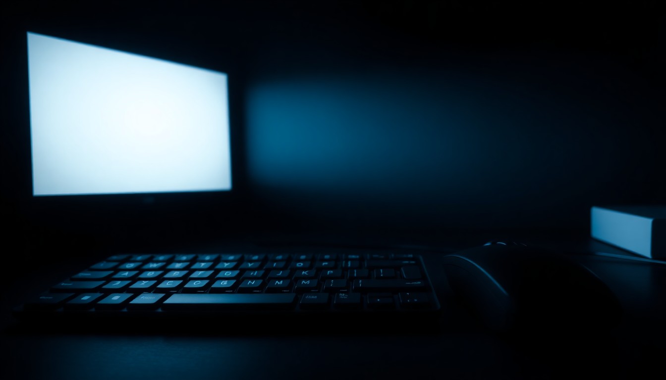 An extreme close-up photograph of a computer keyboard and mouse, lit by a harsh, direct camera flash against a pitch-black background, conceptually representing the digital tools used to spread terrorist propaganda.