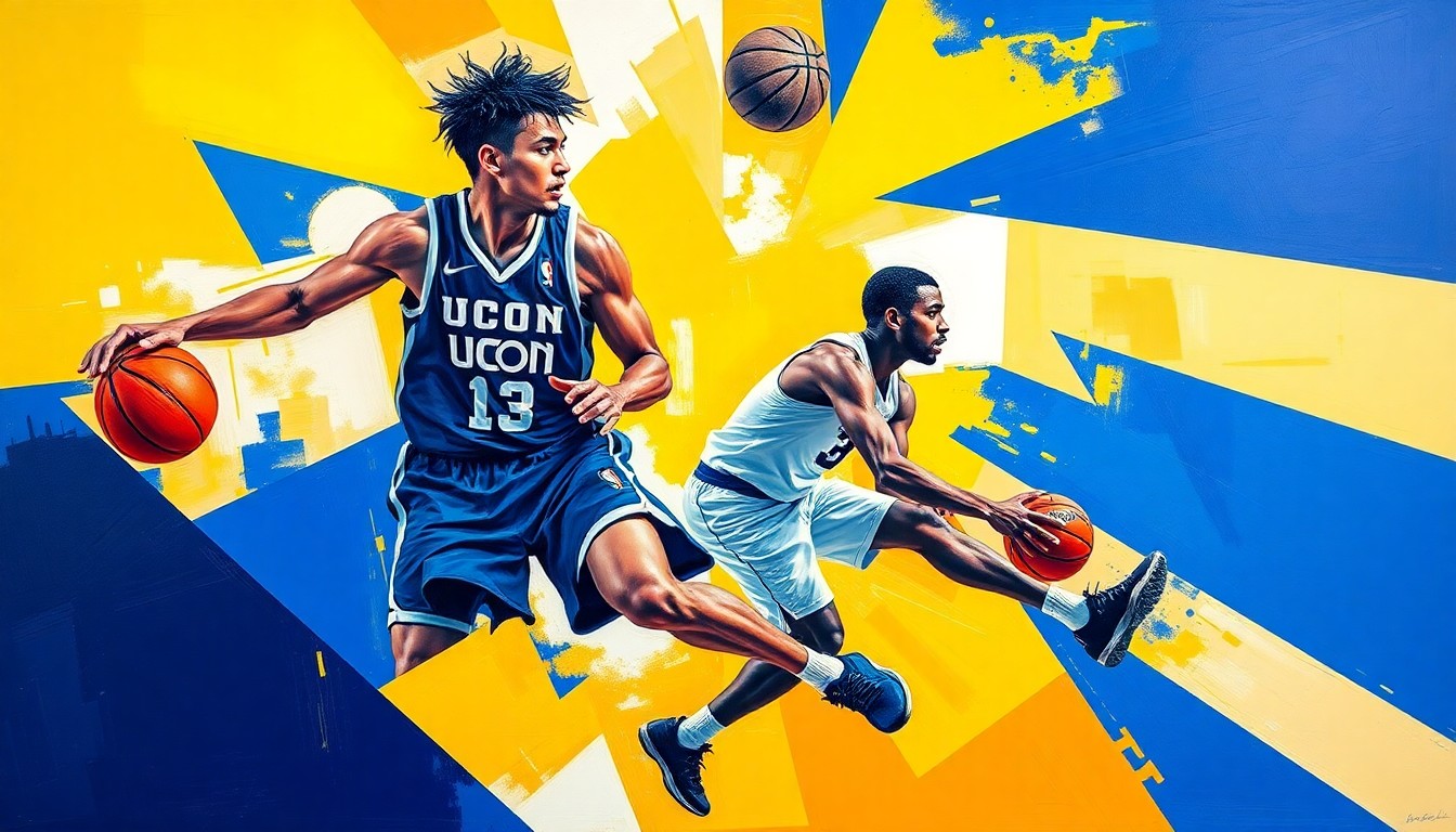 A fragmented, cubist-style painting depicting a basketball player's movements and skills broken down into sharp, overlapping geometric shapes and planes in shades of blue.