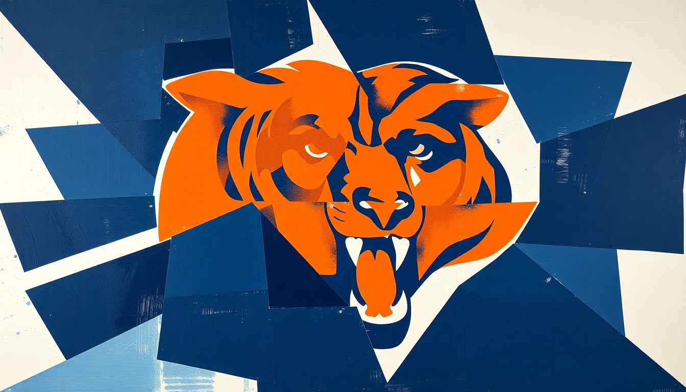 A cubist, geometric painting depicting fragmented scenes of a football game or practice, with sharp planes of navy blue, orange, and white overlapping to create a dynamic, abstract composition.