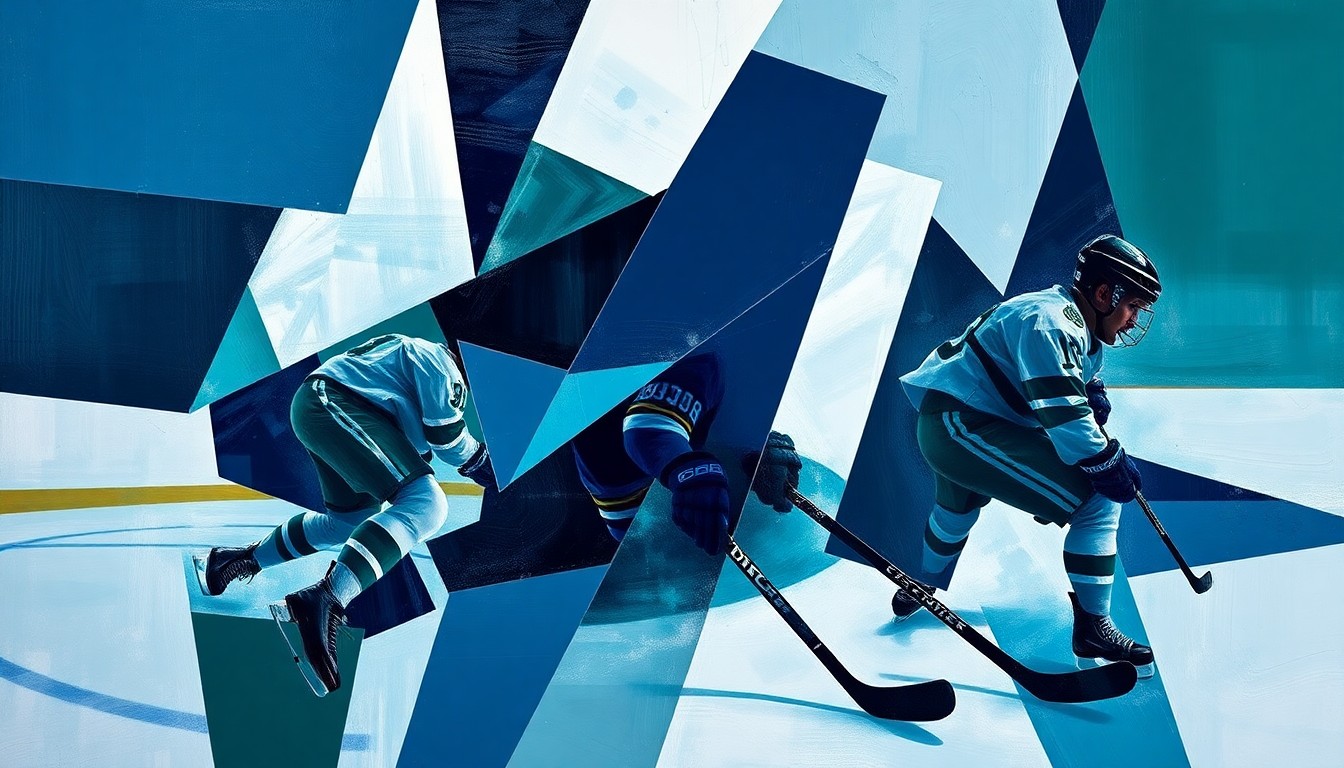 A cubist-style painting depicting a hockey player in motion, broken down into sharp, overlapping geometric shapes in shades of blue, green, and silver, capturing the energy and movement of the sport.