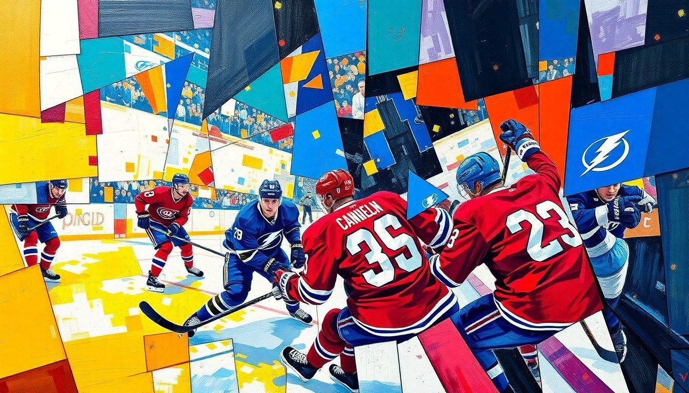 A cubist, geometric painting depicting the action of a hockey game, with the players and the rink broken down into sharp, overlapping planes of color representing the uniforms of the Montreal Canadiens and Tampa Bay Lightning.