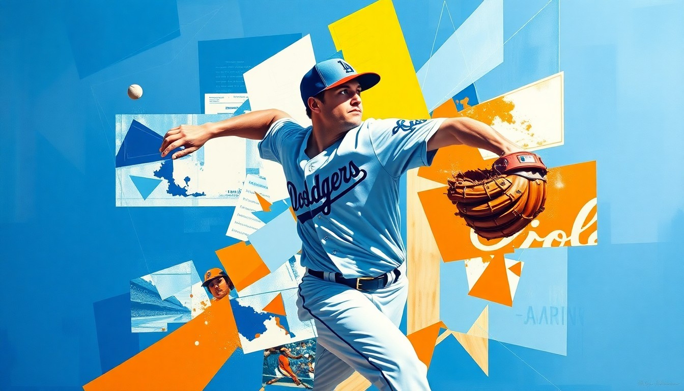A cubist-style painting depicting a baseball pitcher's motion broken down into sharp, geometric shapes in shades of blue and orange, representing the Dodgers and Orioles.