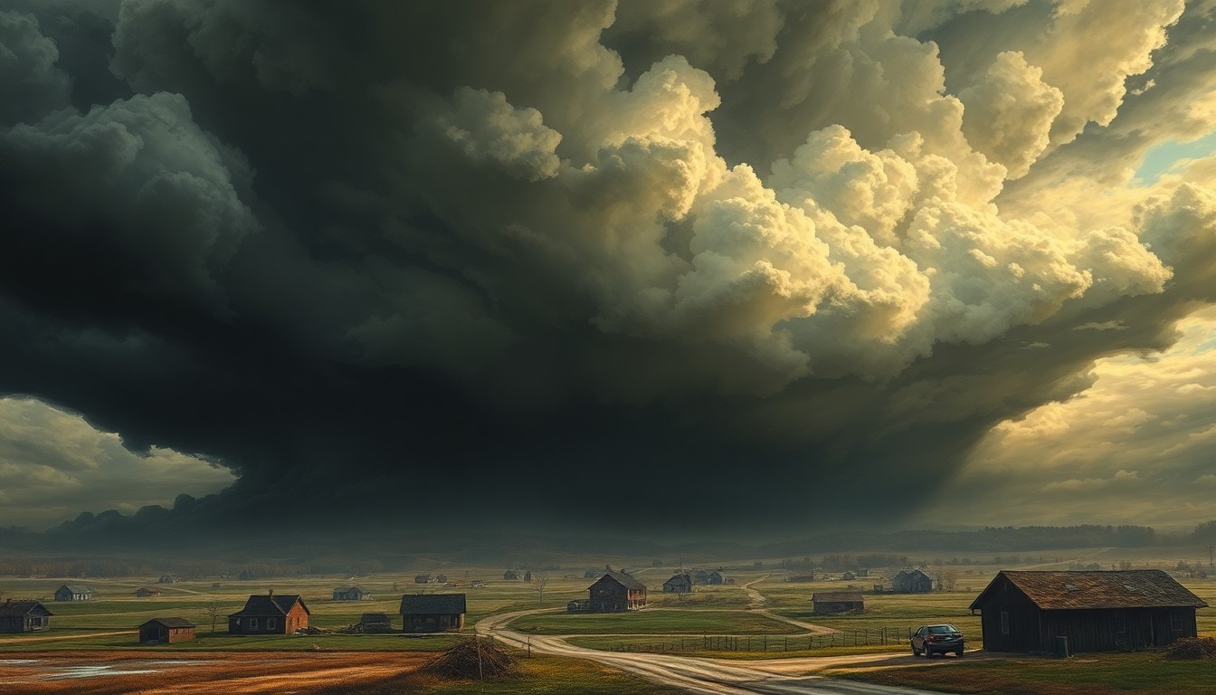 A sweeping, atmospheric landscape painting depicting a tornado-damaged neighborhood in Belton, Missouri, with damaged homes and structures dwarfed by the overwhelming scale of the swirling, turbulent clouds.